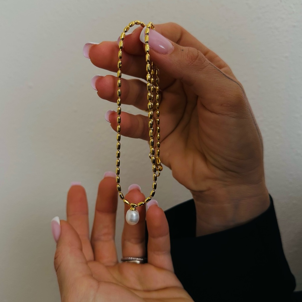 New 18K Gold Beads Chain Real Pearl Chocker Necklace - Picture 6 of 8